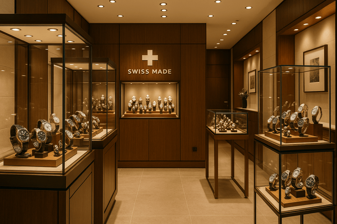 Interior of a watch store displaying Swiss made timepieces, highlighting craftsmanship in the world of luxury watches.