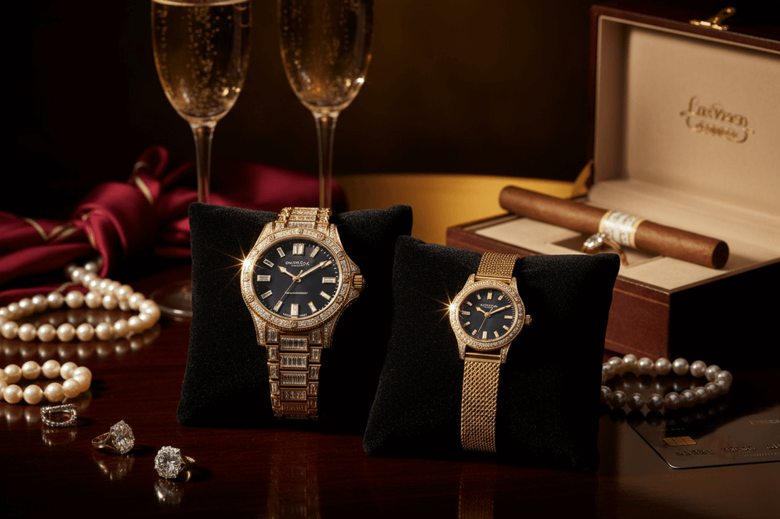 The Scientific Connection Between Watches and Gold Diggers showcasing luxury watches with champagne and jewelry.
