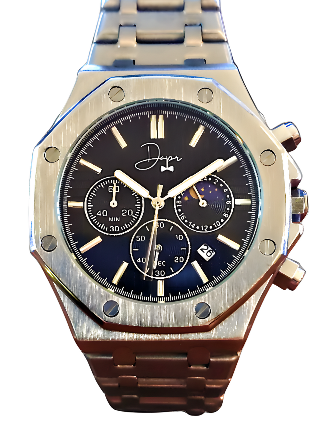 Stainless Steel Chronograph Watch- ChronoLunar Black Dial by Dapper Watches