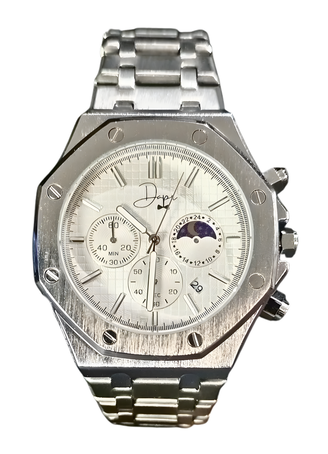 Silver Stainless Steel Watch – ChronoLunar White Dial by Dapper Watches