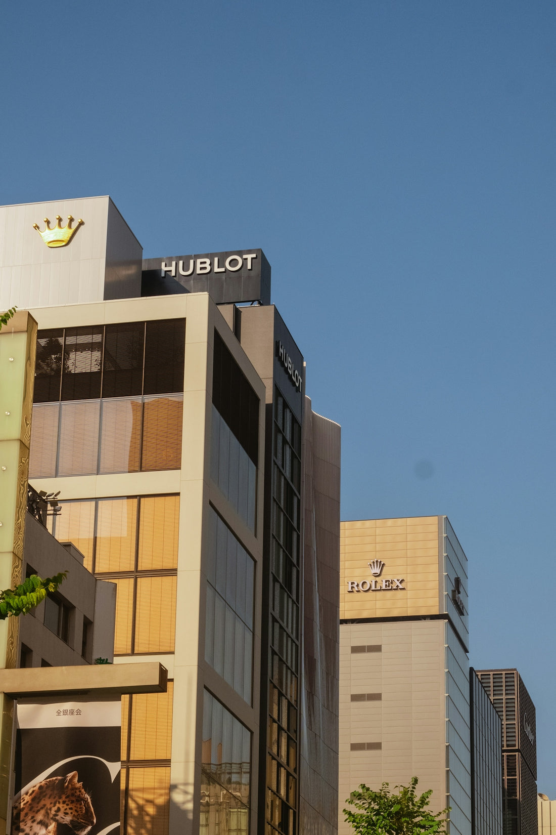 Buildings with luxury watch brand logos against sky