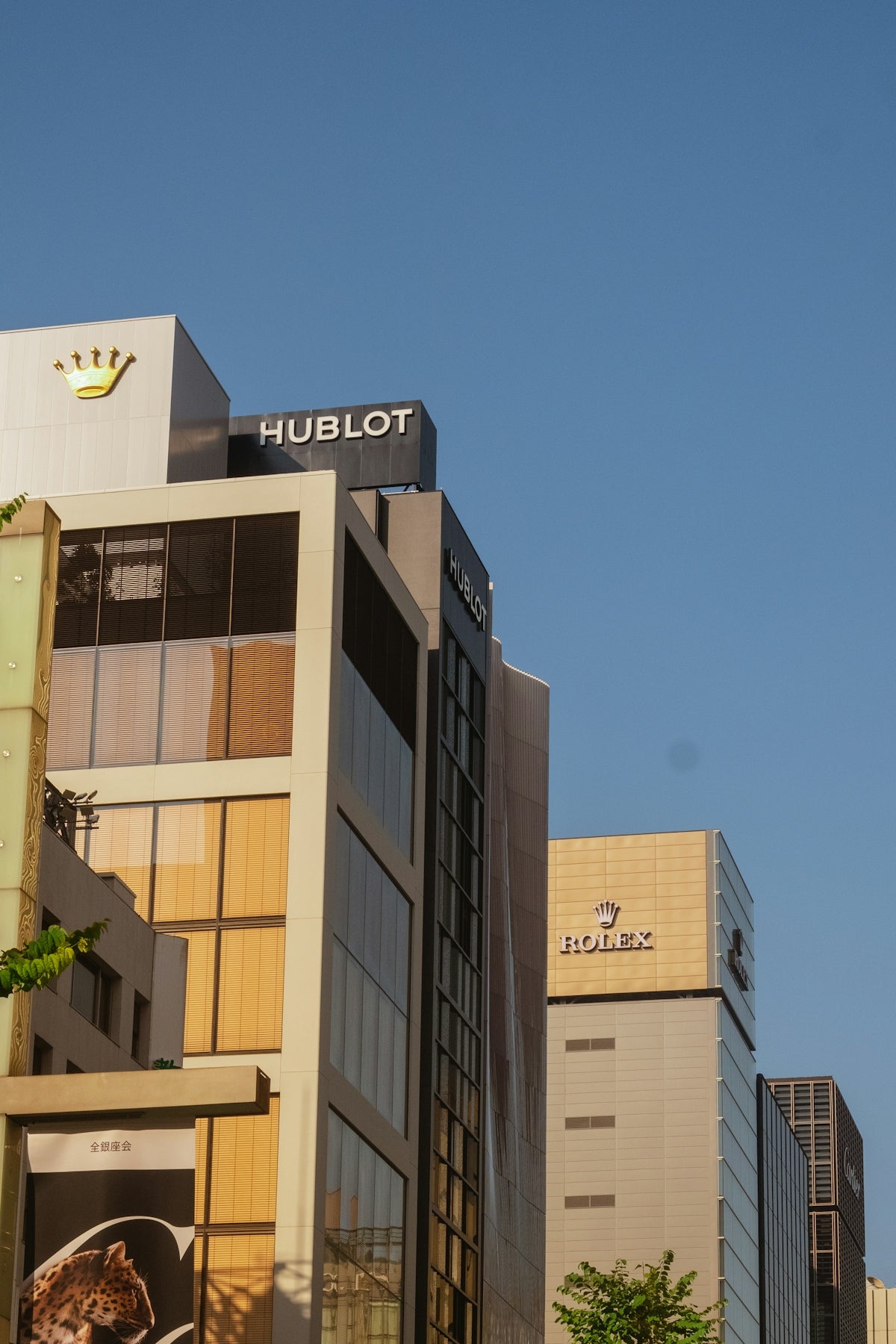 Buildings with luxury watch brand logos against sky