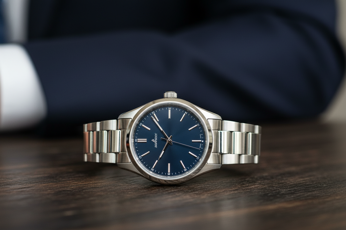 Elegant stainless steel watch with blue dial offers affordable style for men and watch enthusiasts