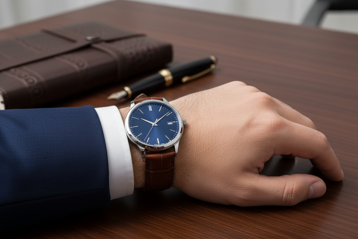 Stylish blue chrome watches for men paired with a brown leather strap, perfect for affordable elegance