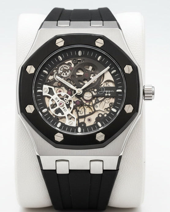 Luxury watch with black strap and transparent face on a white stand