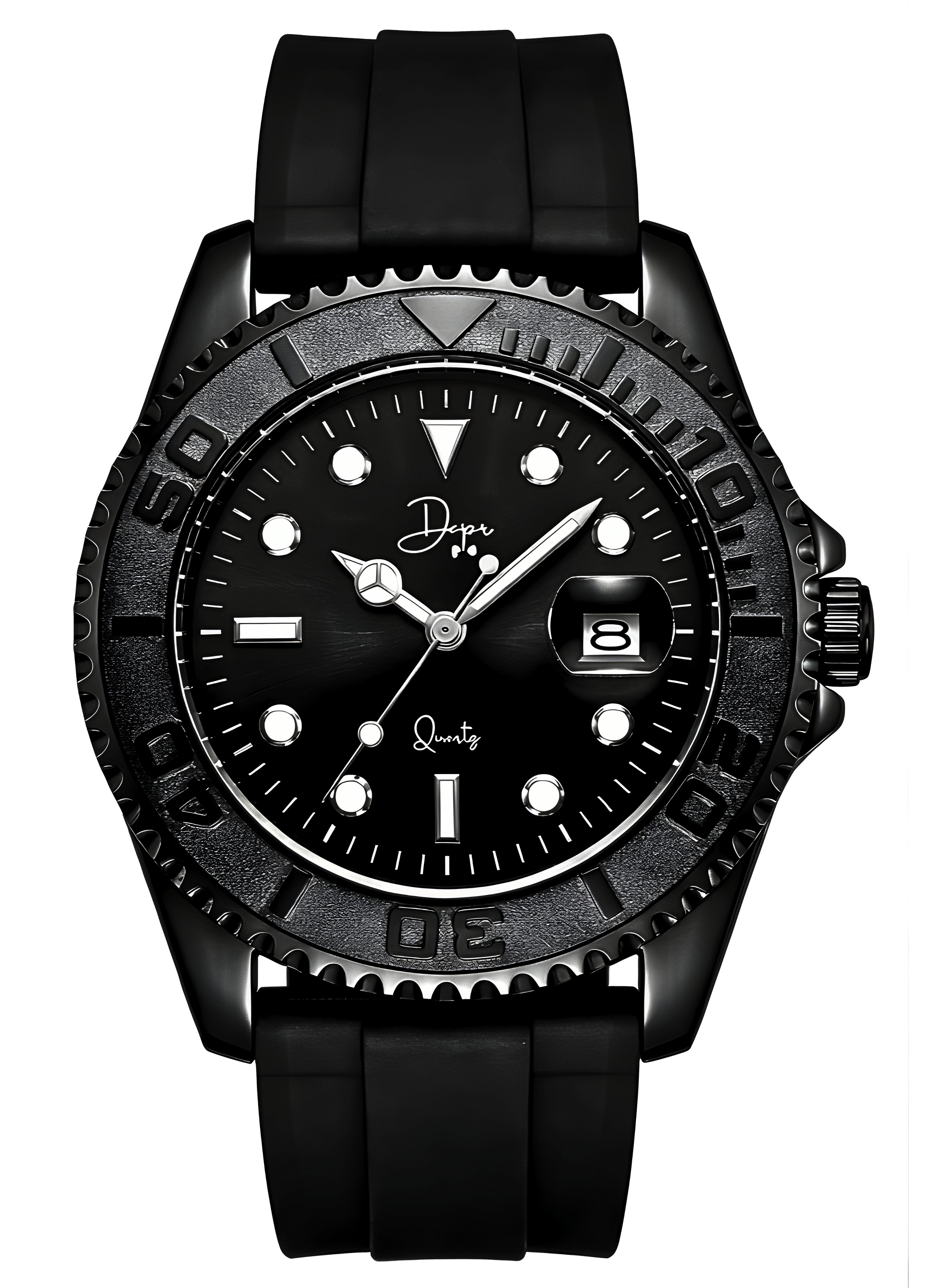 Black wristwatch with a detailed face on a white background