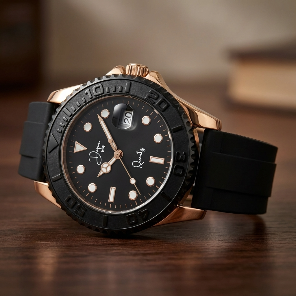 Black watch with rose gold accents on a wooden surface