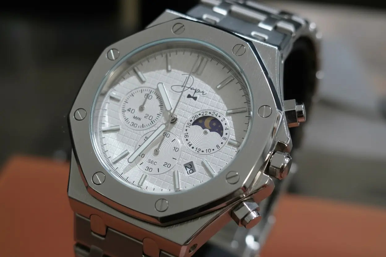 Luxury watch with detailed face and brown strap on a white background