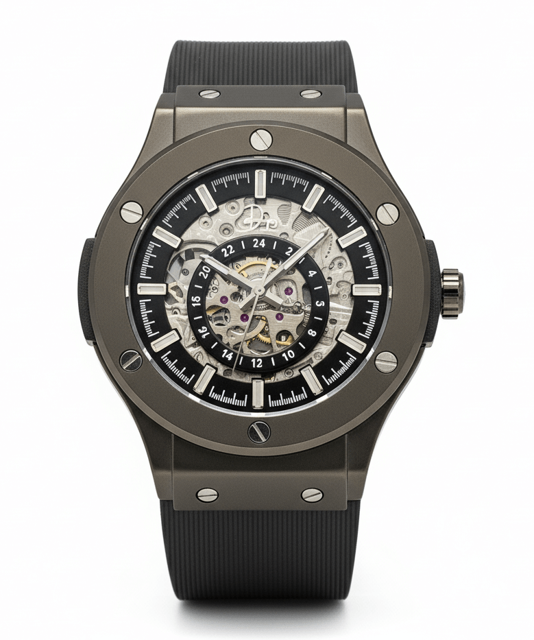 Skeleton automatic luxury watch - The 199 Gunmetal with sapphire glass and stainless steel case.