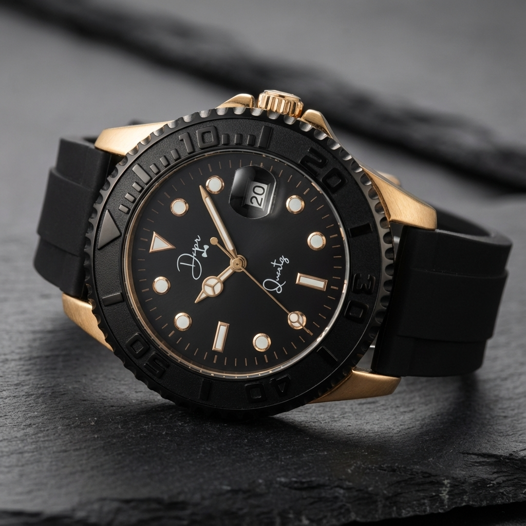 Black and gold watch with a detailed face on a dark surface
