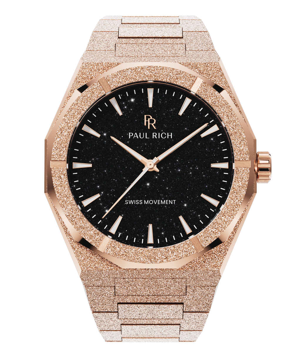 Rose gold watch with black dial on a white background