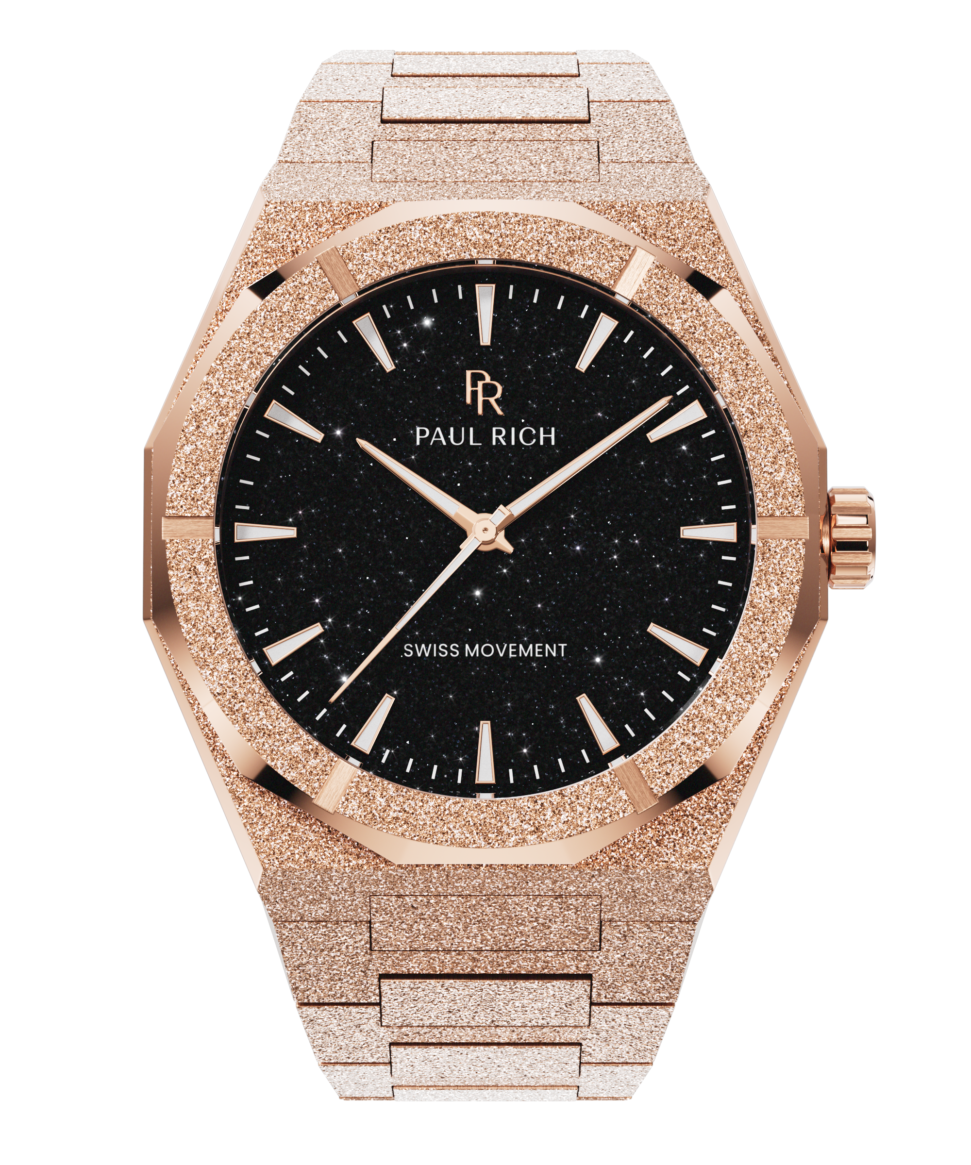 Rose gold watch with black dial on a white background