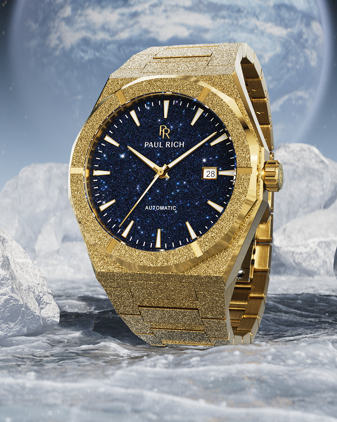 Gold watch with a blue face on a rocky surface