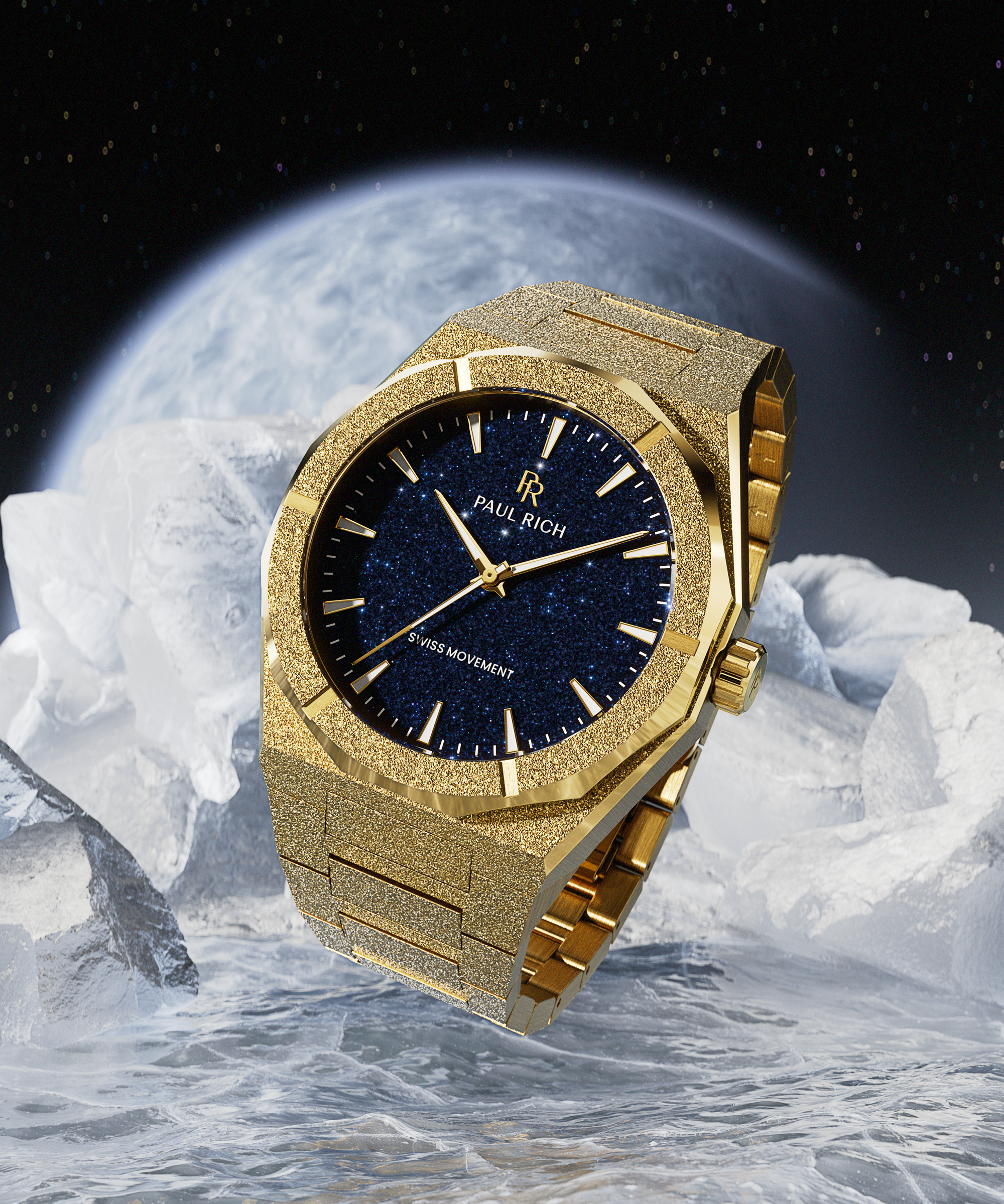 Gold watch with blue face on a snowy mountain background