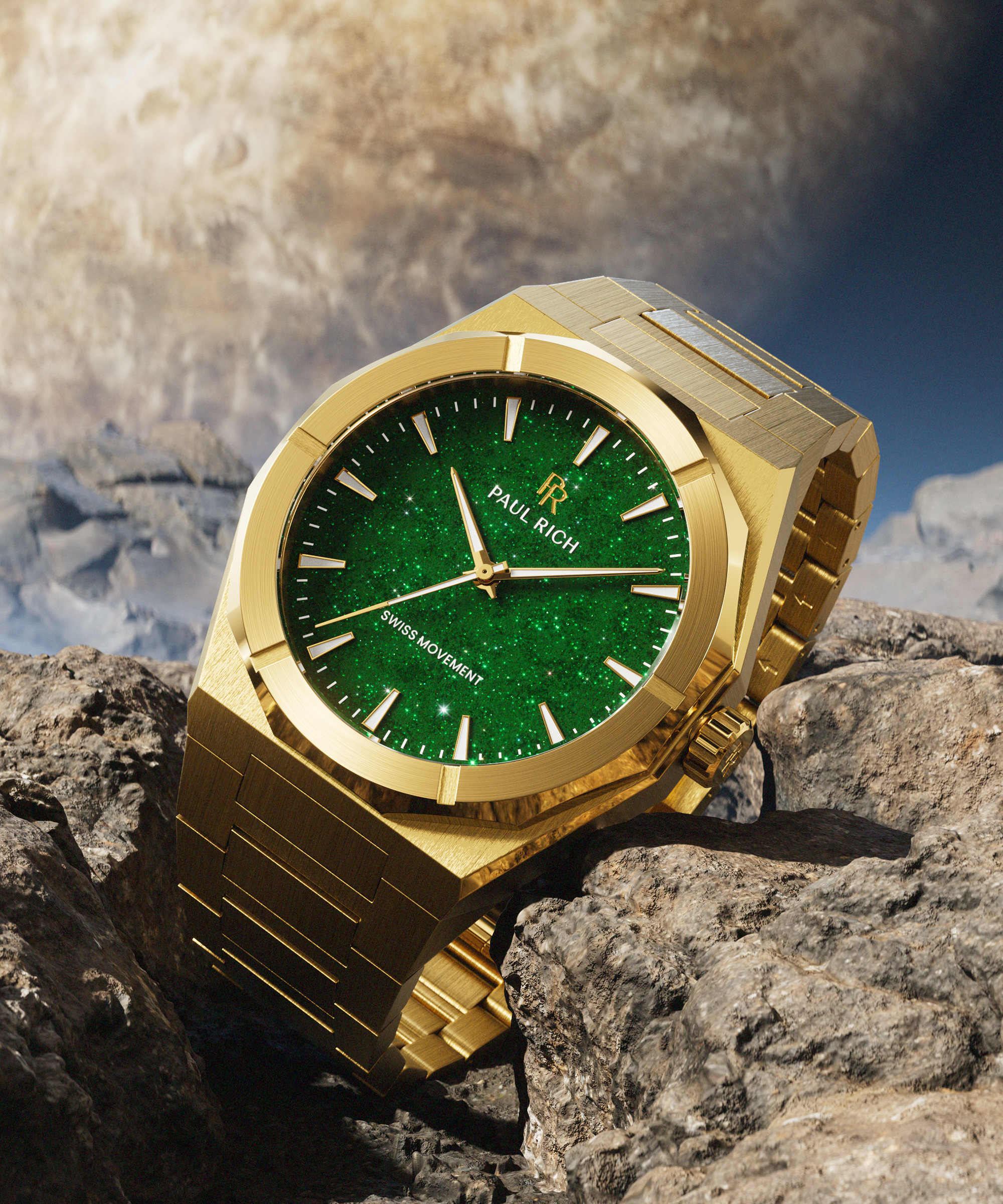 Premium Men's Gold Watch: Star Dust II Gold Green 43mm Timepiece