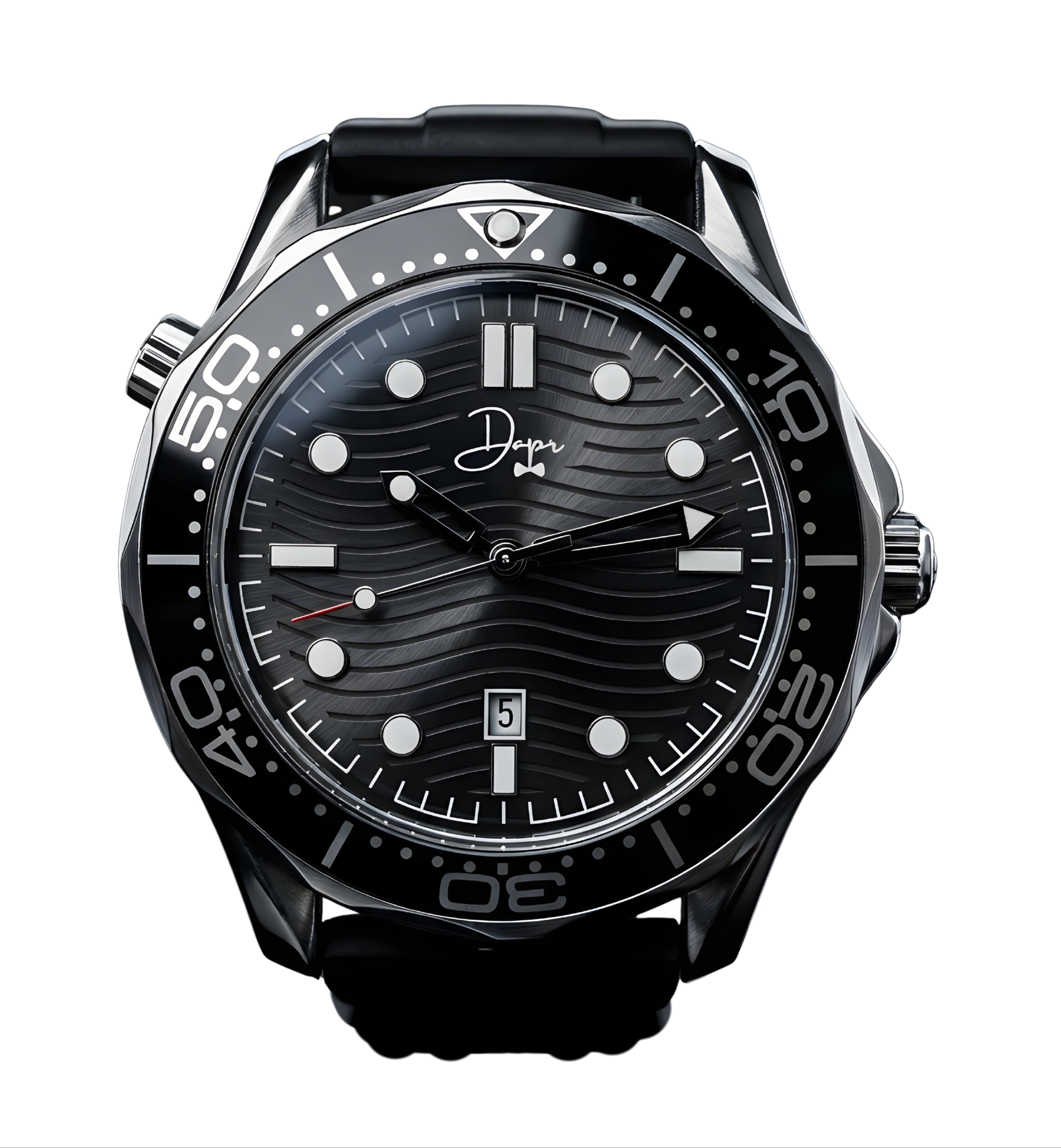 Black wristwatch with detailed face on a white background