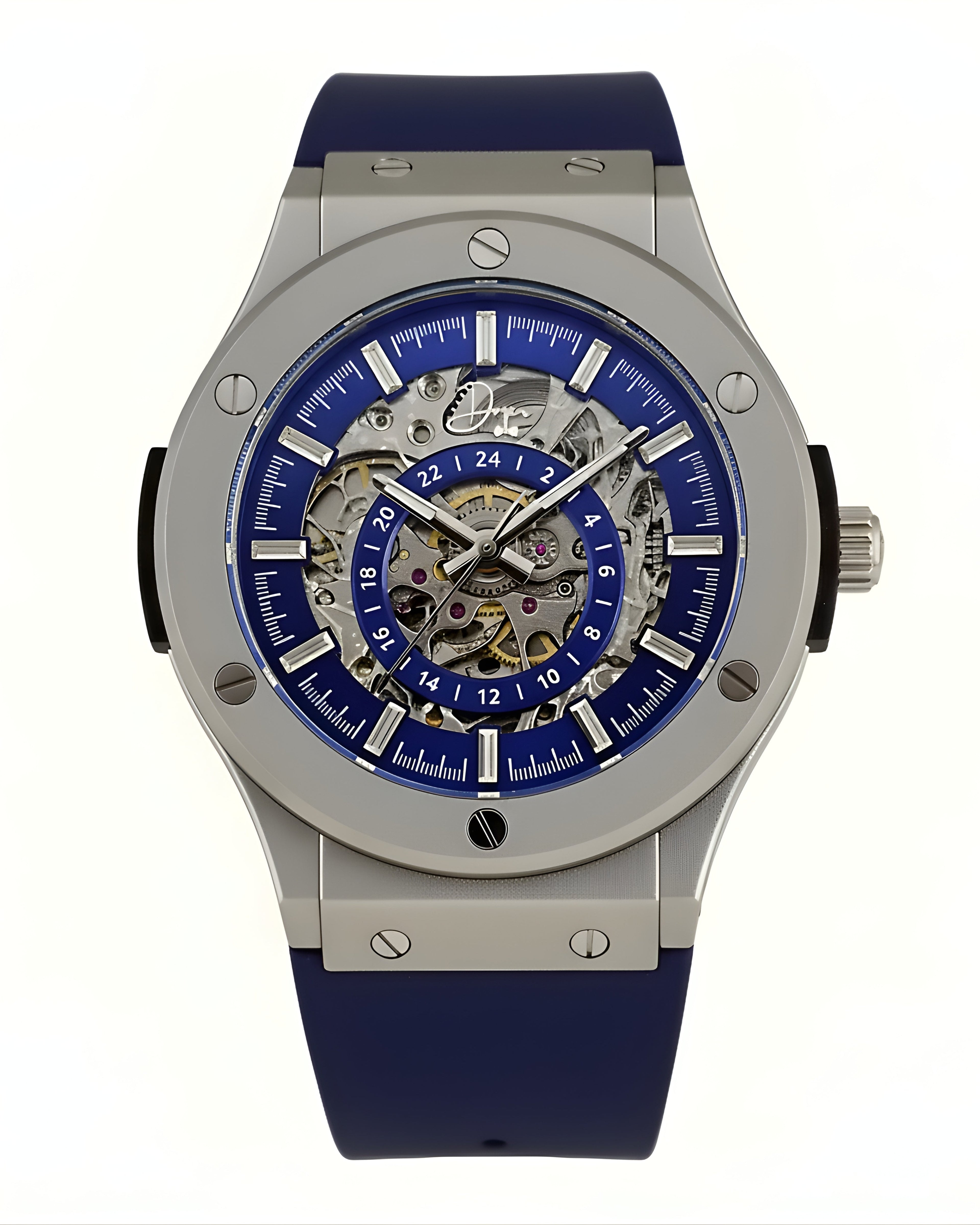 Luxury watch with blue face and strap on a white background