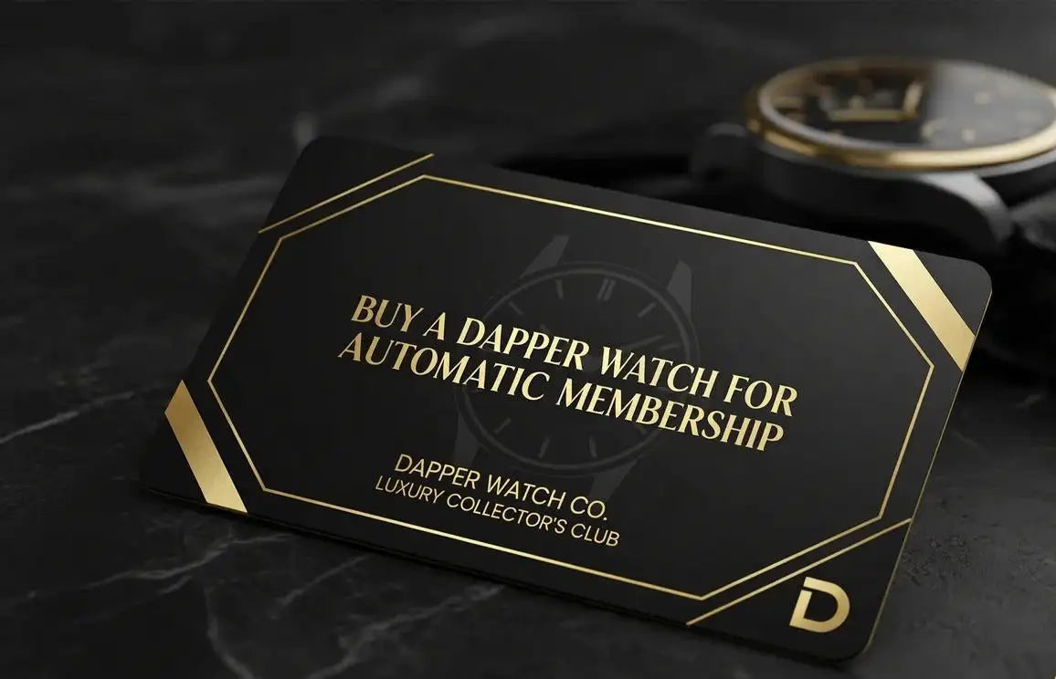 Black and gold card with text about a Dapper Watch Co. membership on a dark background