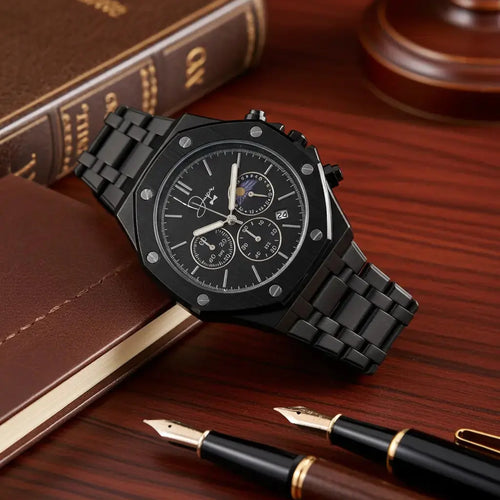 Black stainless steel chronograph watch with a black dial, silver-toned hands and markers, three subdials, and a moon phase indicator.