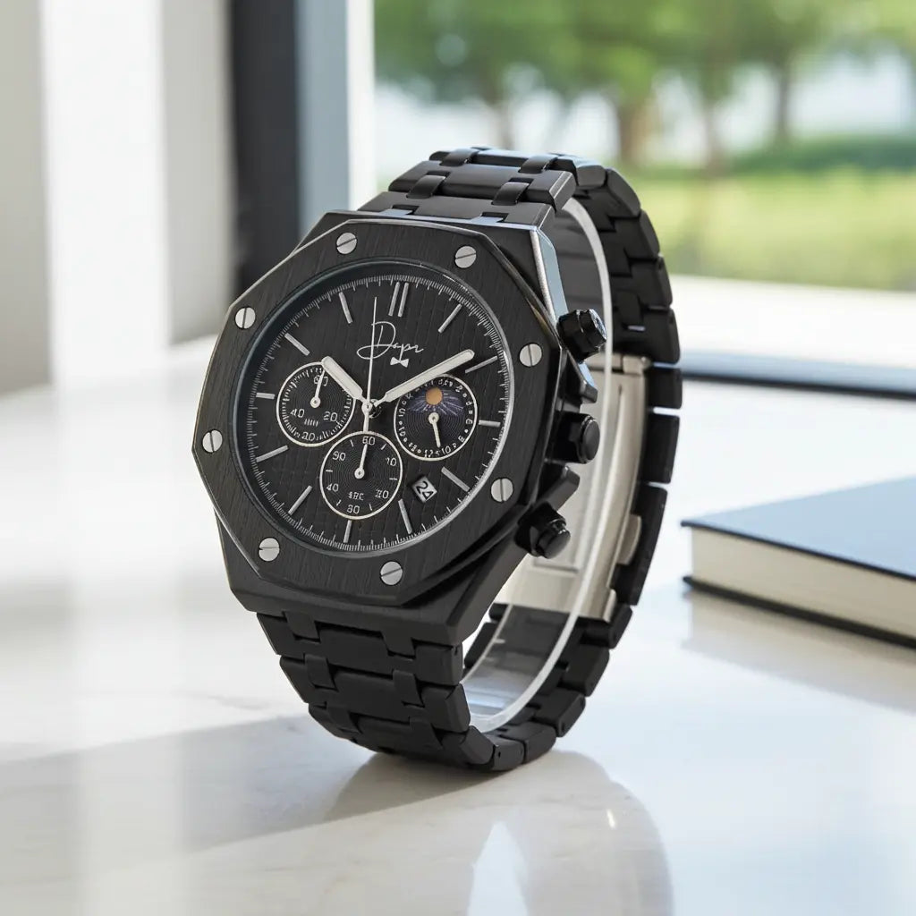 Black chronograph watch with a sleek, all-black stainless steel case and bracelet featuring silver-toned screws and subdials.