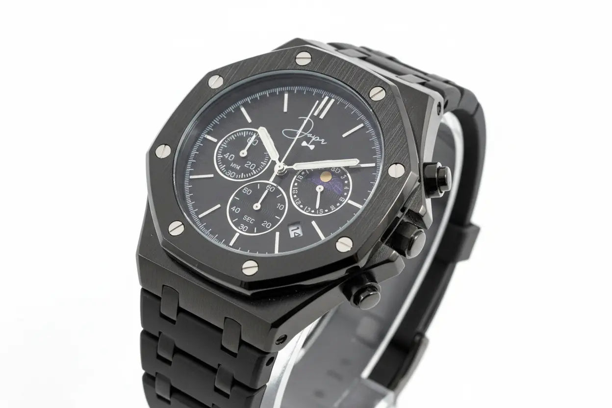 Black ceramic chronograph watch with a sleek, octagonal case and matching bracelet.