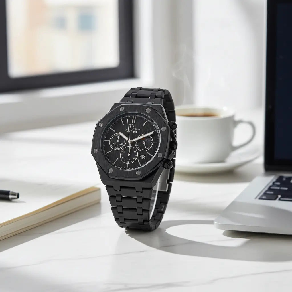 Black ceramic chronograph watch with a sleek octagonal case and matching bracelet, featuring three subdials on the face.