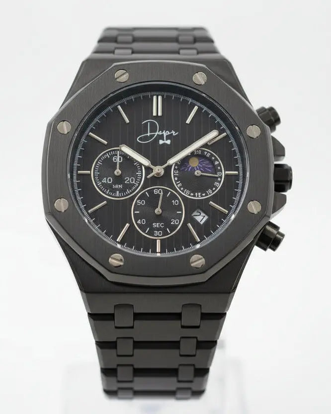 Black ceramic chronograph watch with a sleek, octagonal case and matching bracelet.