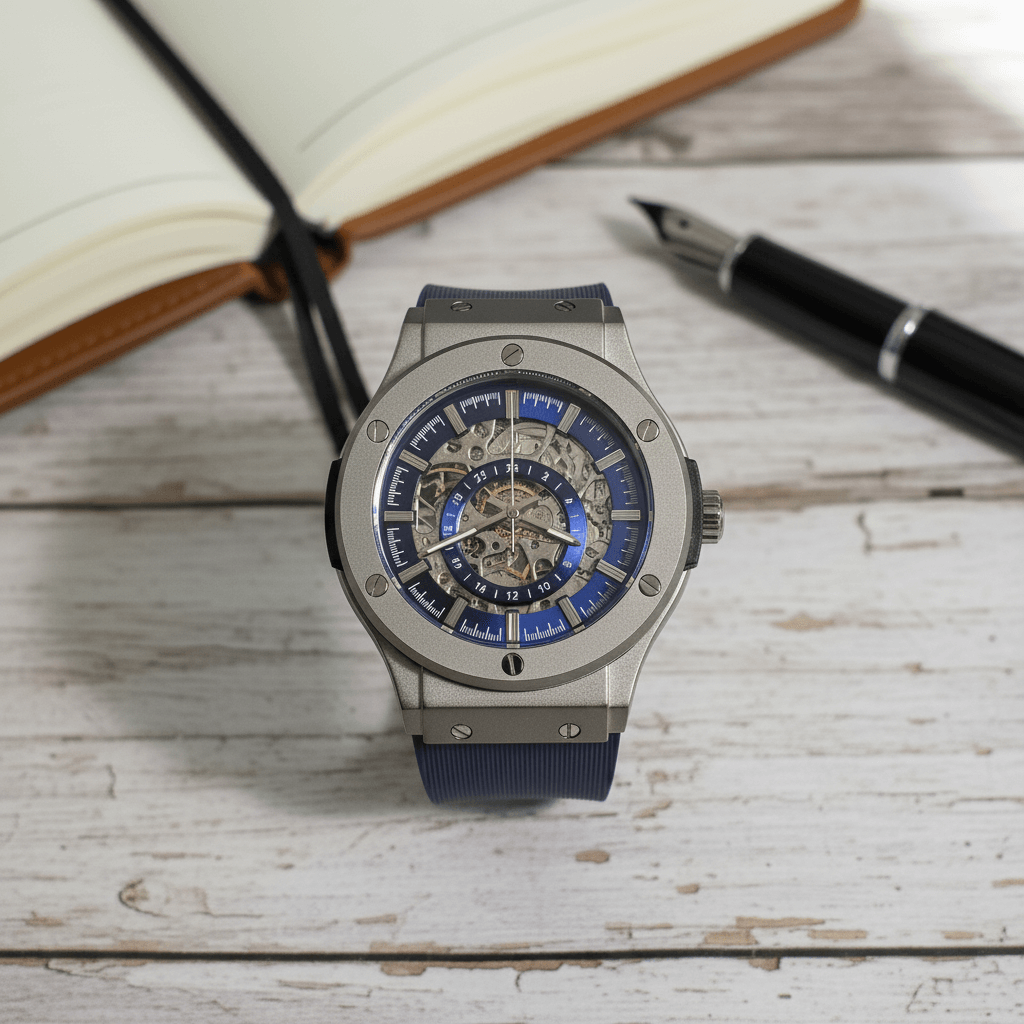 The 199 Blue - Skeleton Automatic Luxury Watch by Dapr showcasing its minimalist design and craftsmanship.