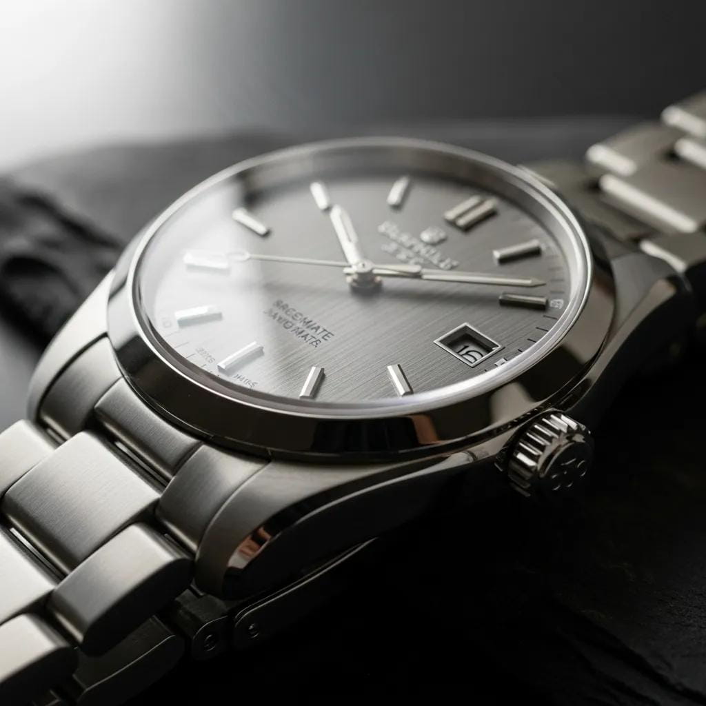 Close-up of a 316L stainless steel watch highlighting polished and brushed finishes, showcasing craftsmanship