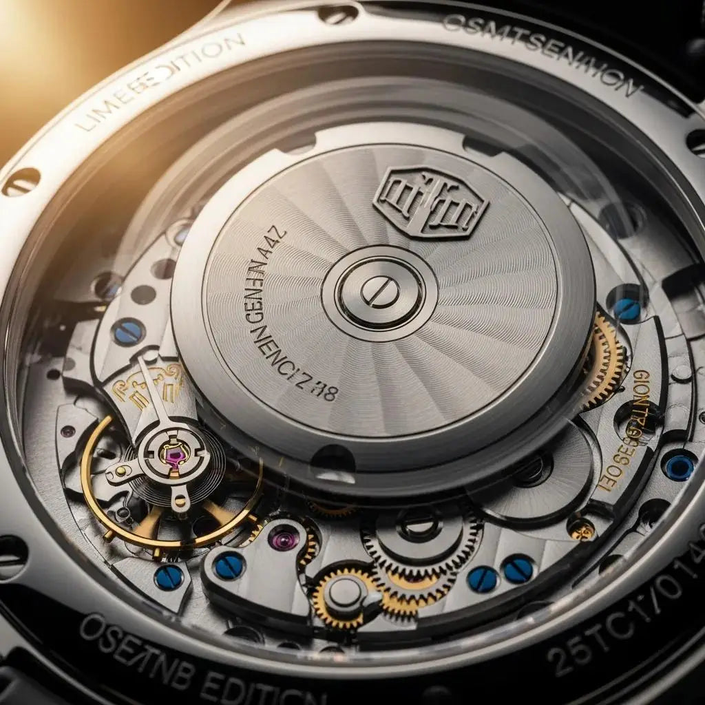 Close-up of a watch rotor in a transparent caseback, highlighting its design and mechanics