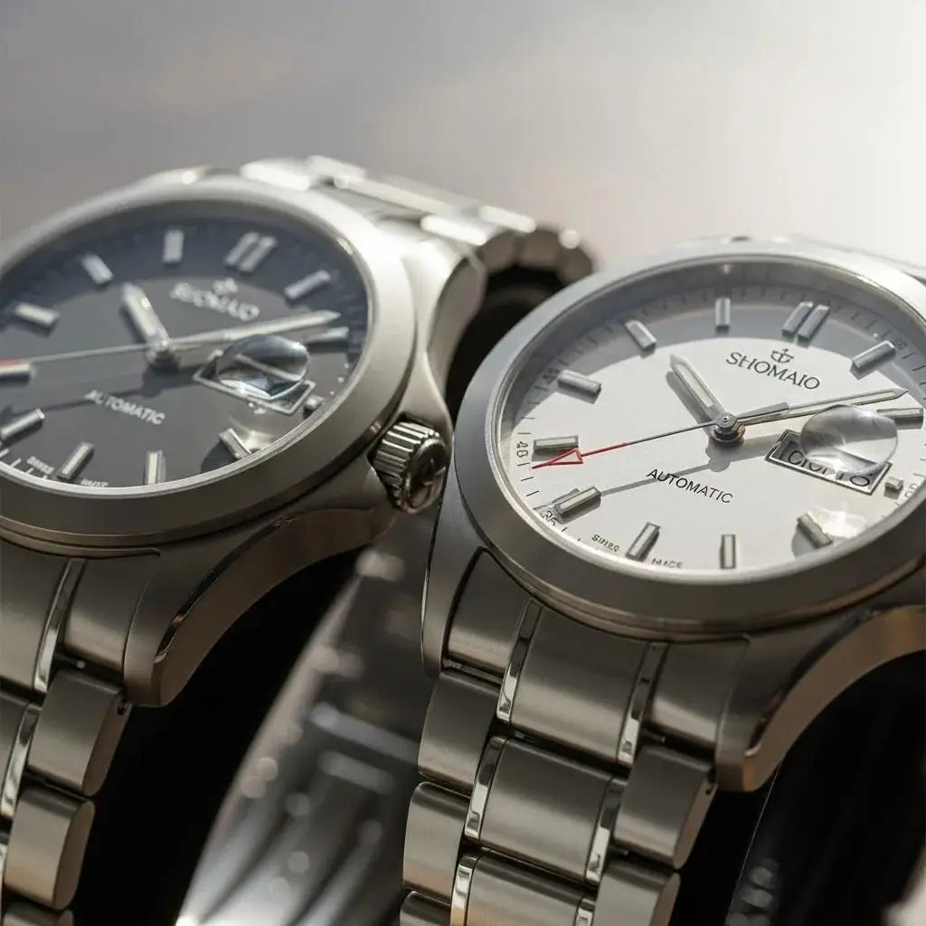 Close-up of titanium and stainless steel automatic watches highlighting craftsmanship and material differences