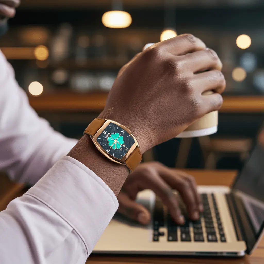 Gold-toned rectangular smartwatch with a tan leather strap and a digital display featuring a green four-leaf clover design on a dark background.