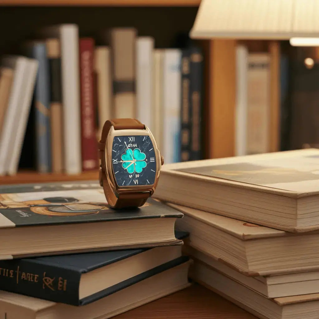 A gold-toned smartwatch with a brown leather strap and a dark blue face featuring a glowing green four-leaf clover design.