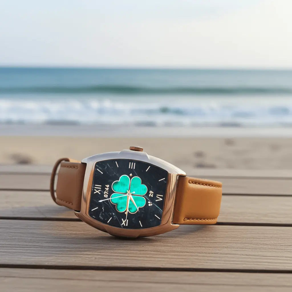 Rose gold-toned smartwatch with a black face featuring a glowing green four-leaf clover design and tan leather strap.