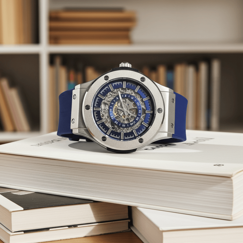 The 199 Blue — Skeleton Automatic Luxury Watch by Dapr on a stack of books, showcasing its unique design and craftsmanship.