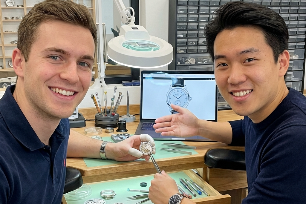 Two men in a workshop setting, one holding a watch and the other pointing at a laptop screen displaying a watch design.