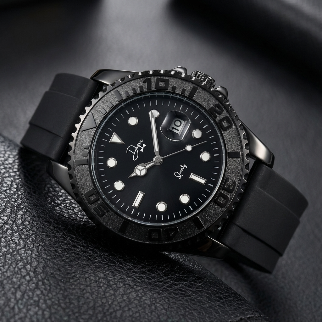Black wristwatch with detailed design on a dark textured background
