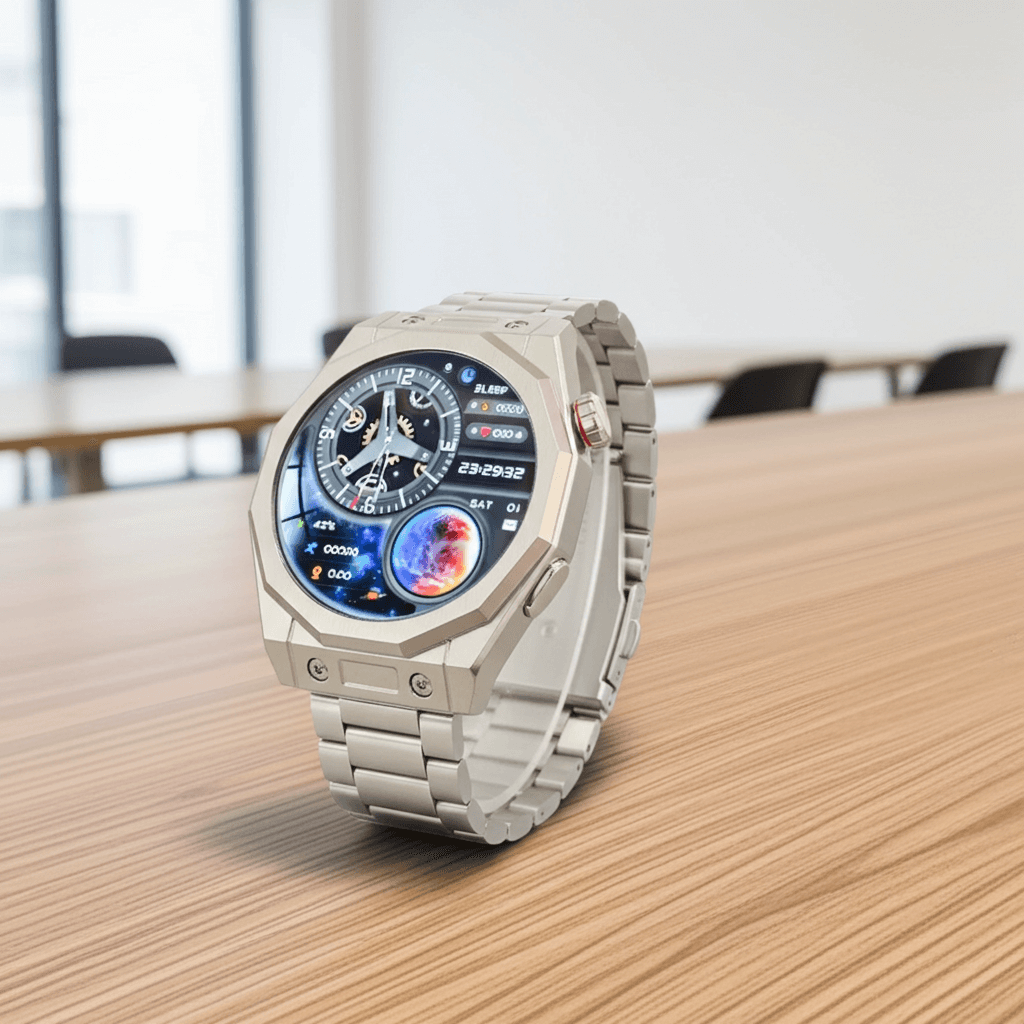 Octagon men's smartwatch displayed on a wooden table in a modern workspace, showcasing its tech features.