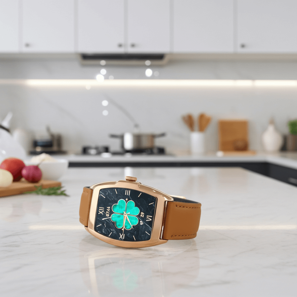 Dapr Mil-e smartwatch features sleek design and advanced functionality, showcased in a modern kitchen setting.