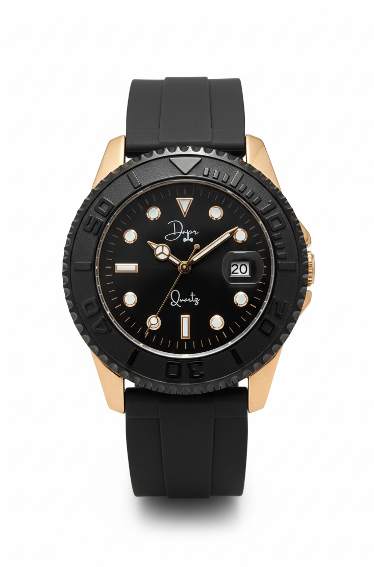 Black watch with gold accents on a white background