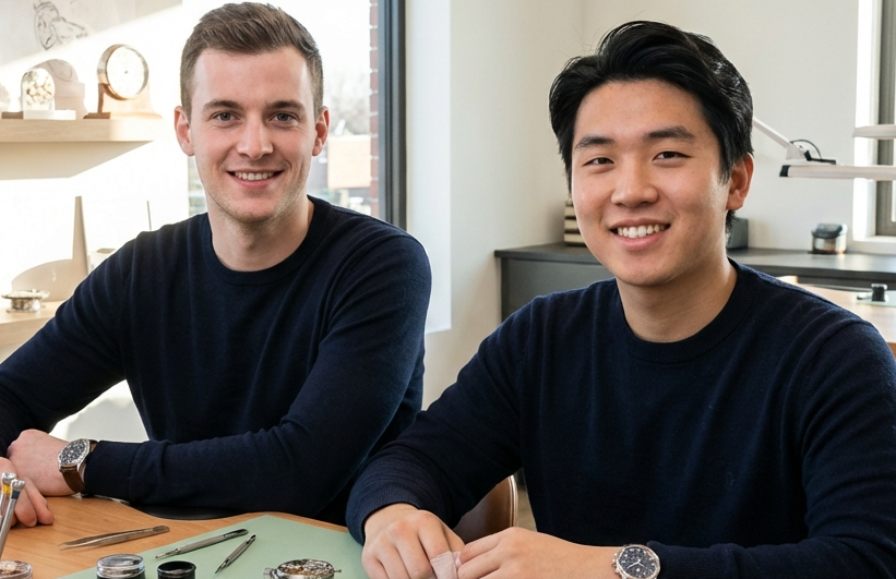 Two men sitting at a table with watches and tools in a workshop setting.