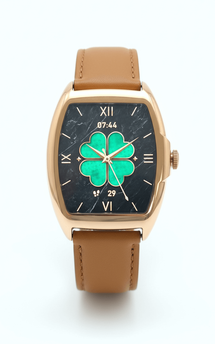 Watch with a green clover design on the dial against a white background