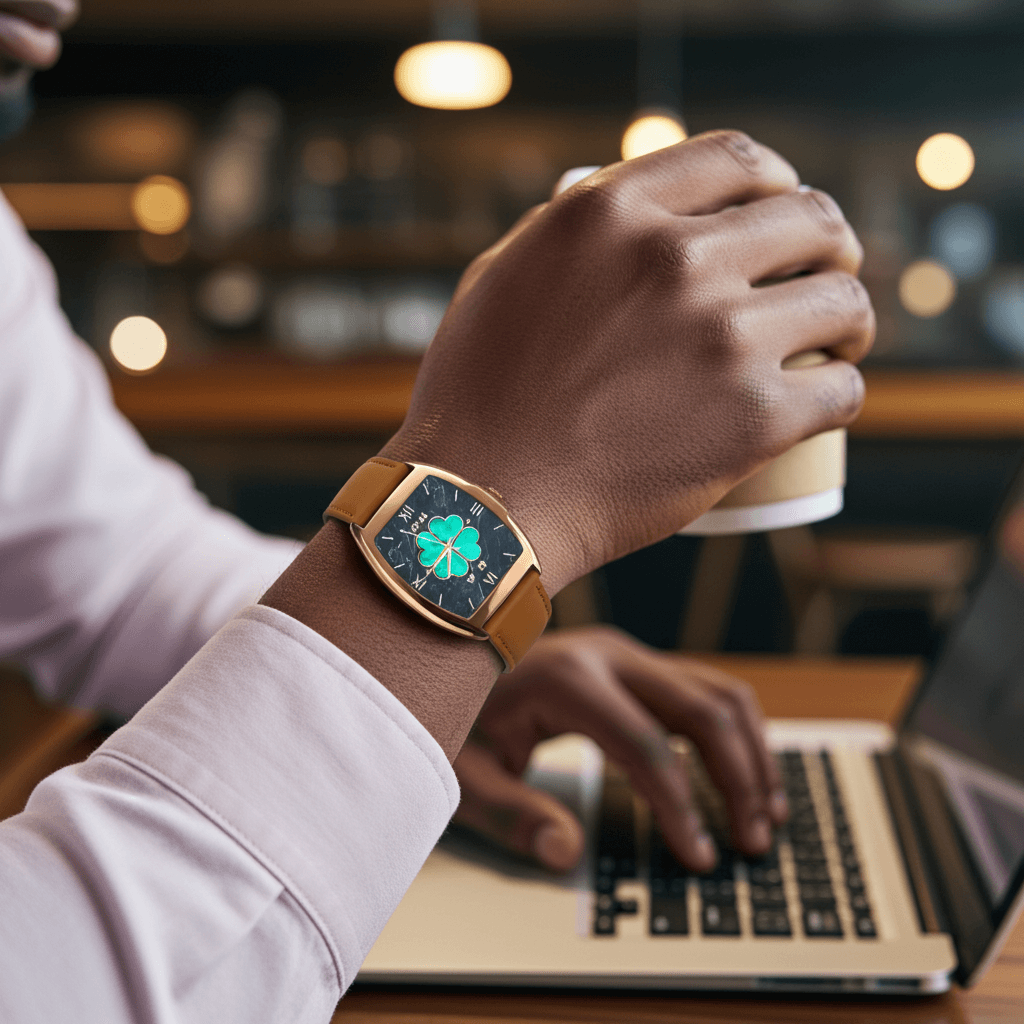 Dapr Mil-e smartwatch features iOS & Android Compatible worn while using a laptop and holding a coffee cup.