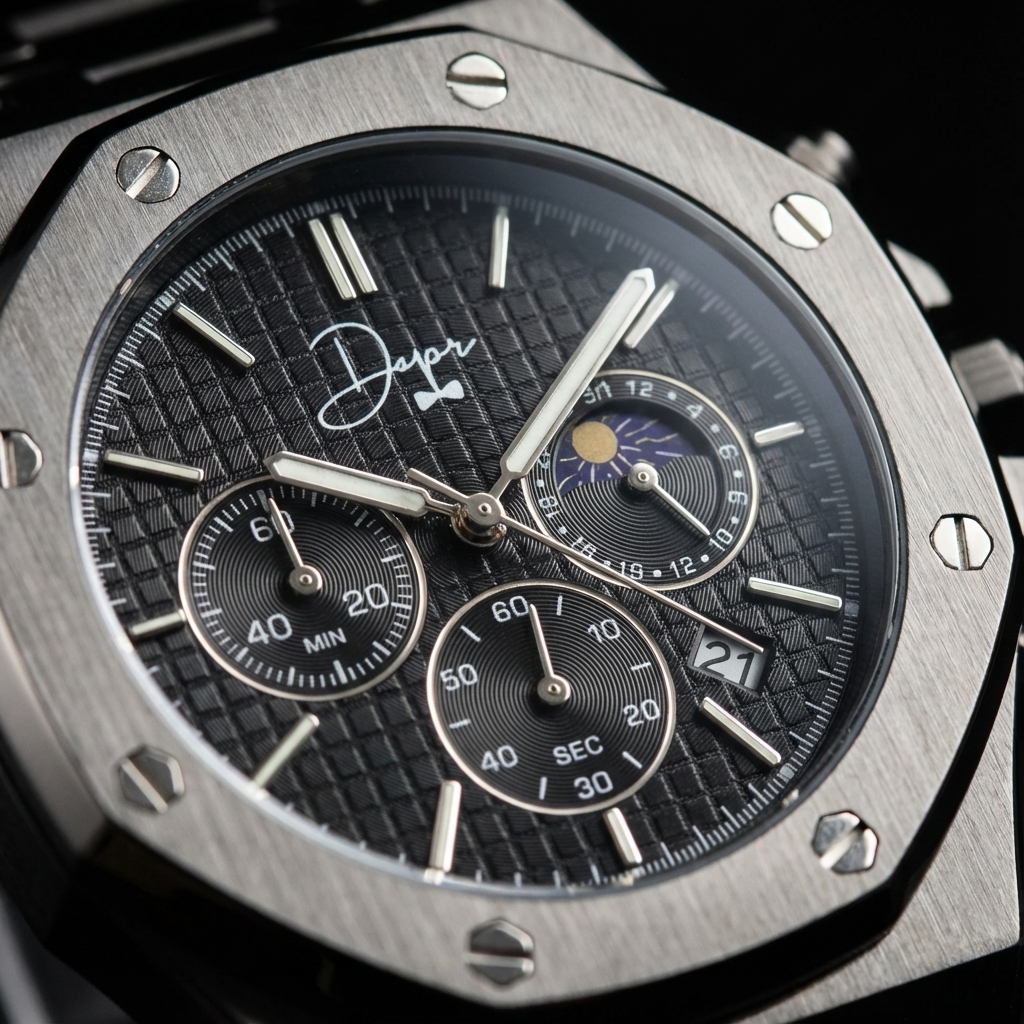 Stainless Steel Chronograph Watch- ChronoLunar Black Dial by Dapper Watches - Dapper Watches