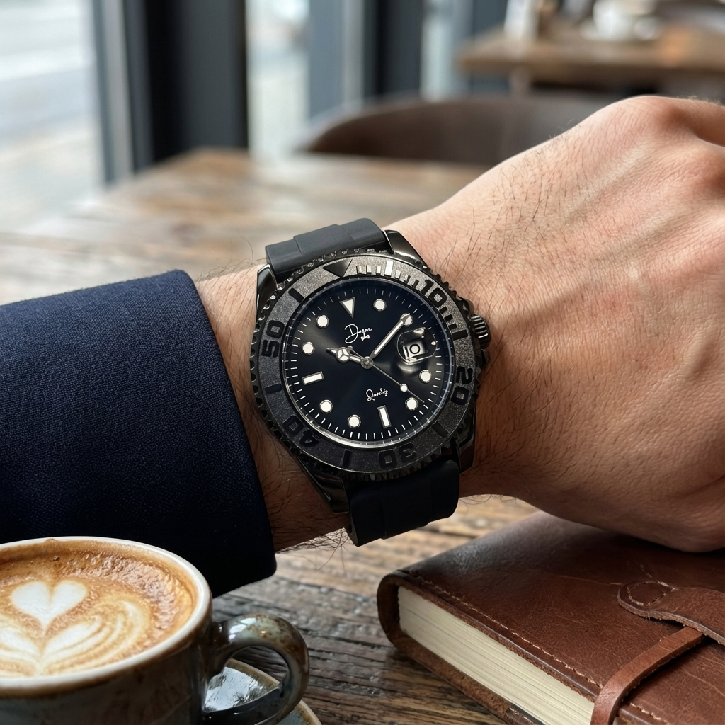 Person wearing a black wristwatch with a blurred cafe background