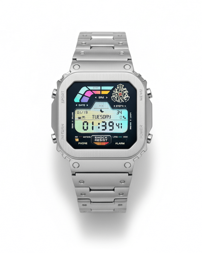 Silver digital watch with a colorful display on a white background