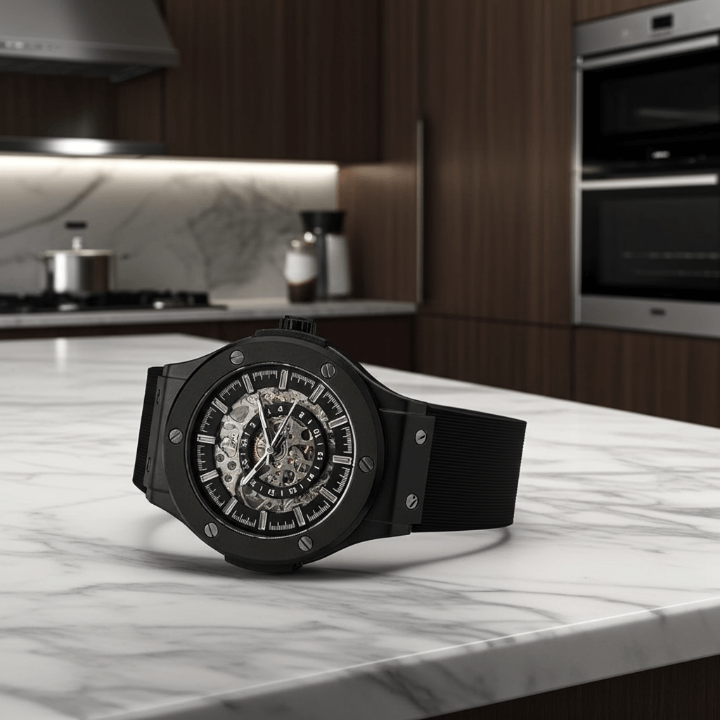 Skeleton automatic luxury watch on a marble countertop in a modern kitchen setting.