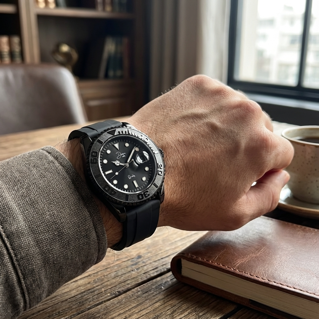 Hand wearing a black watch on a wooden table with a book and cup in the background