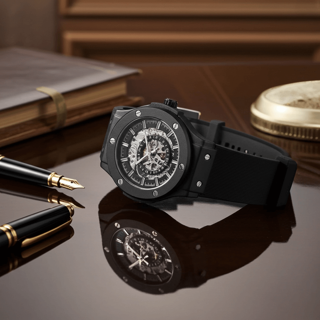 Skeleton Automatic Luxury Watch - The 199 Gunmetal on a wooden desk with fountain pen and notebook.