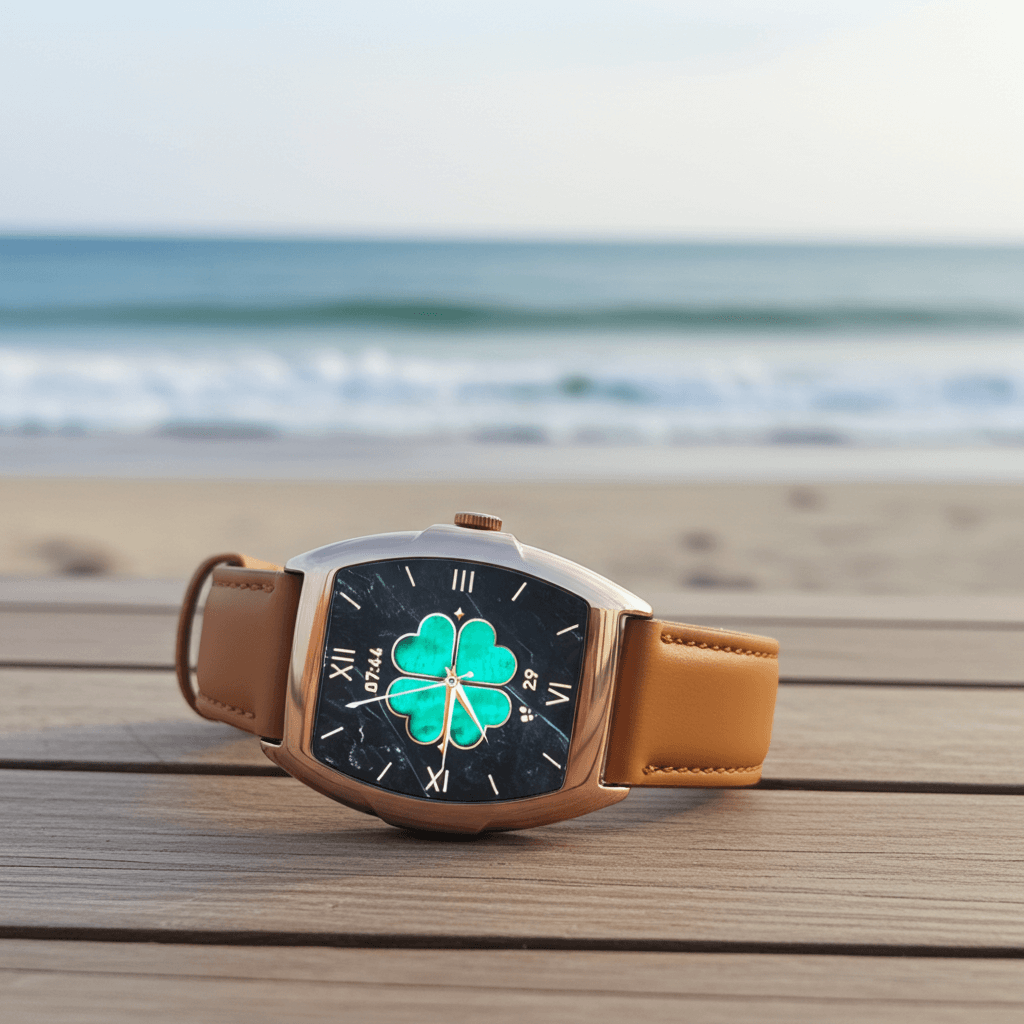 Dapr Mil-e smartwatch features showcasing minimalist design with a green clover face by the beach.